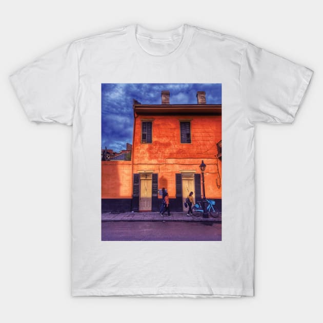 Sunny Days and Blue Skies on a New Orleans French Quarter Street with Orange Iconic Architecture and Nola People Walking in Southern Louisiana T-Shirt by Little Shop of Nola